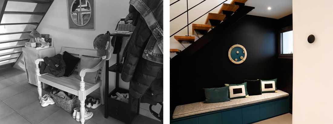 Avant - Après : Banquette sur mesure bleue avec rangements 