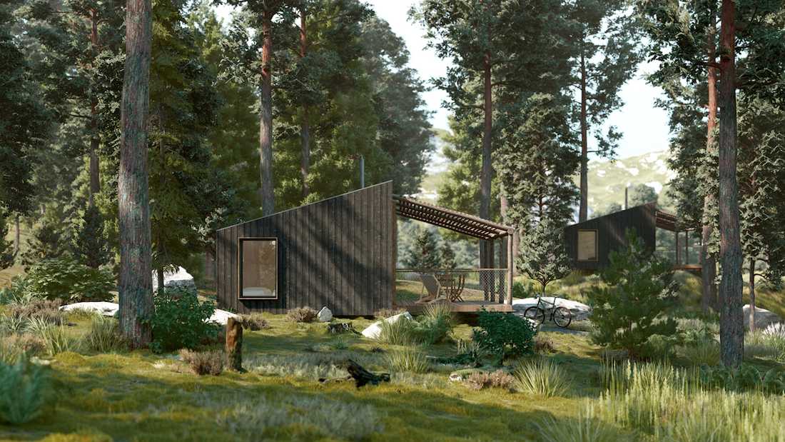 Construction d'une yakisugi house, cabane en bois en pleine nature - vue de côté de l'extérieur