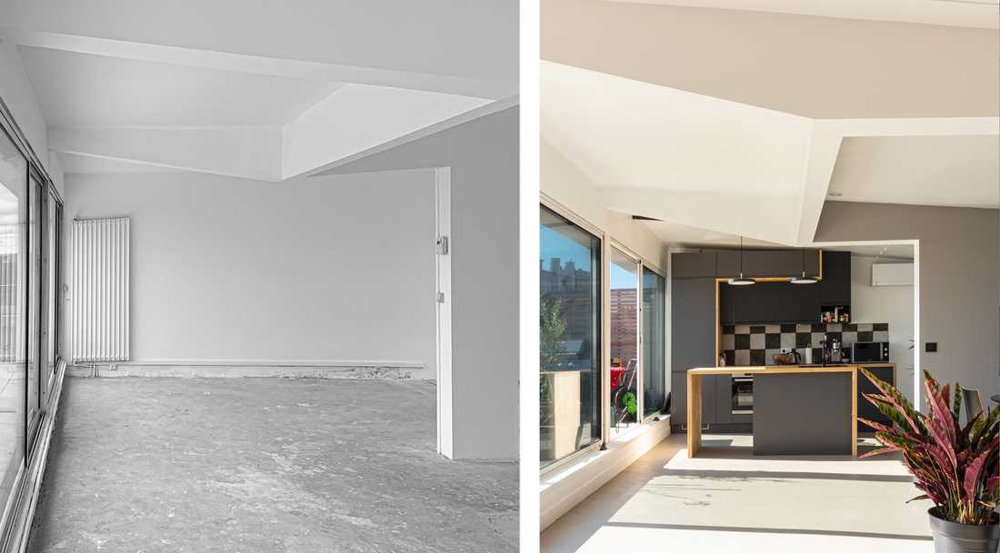 Avant-Après : Aménagement d'une cuisine ouverte dans un duplex par un architecte à Quimper